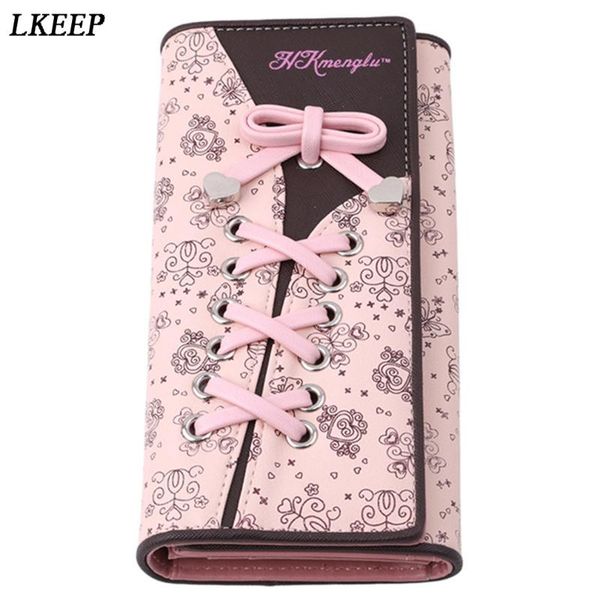 

wallets shoelace style pocket long wallet pu leather bandage multi-functional women coin purse card holders clutch, Red;black