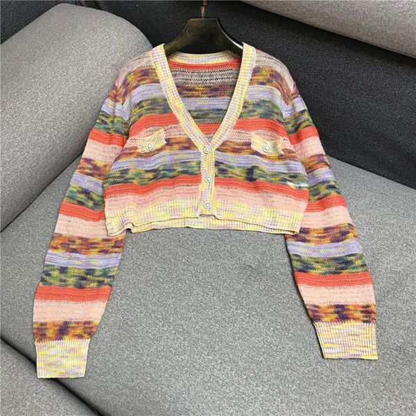 

women's knits & tees designer knitted sweater for women causel v neck colorfur striped short cardigan, White