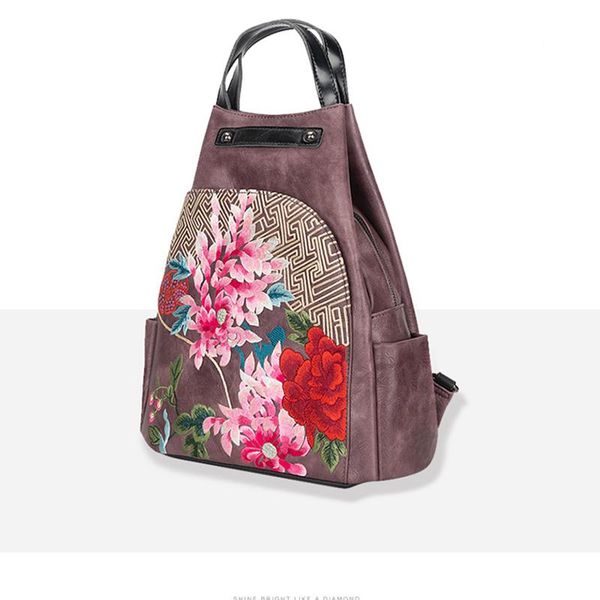 

backpack style pink sugao retro pu leather women bag 2021 winter handmade embroider floral large capacity female vintage