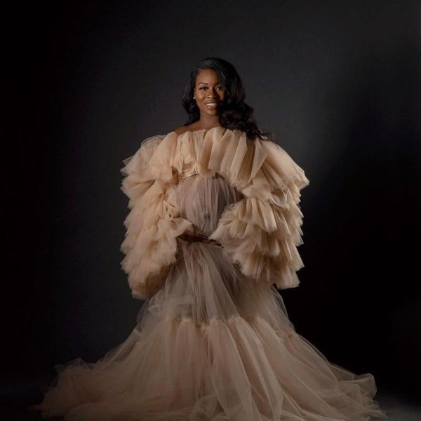 

chic tulle champagne maternity dress for pography off the shoulder robe sleeves pregnant women po shoot gown casual dresses, Black;gray