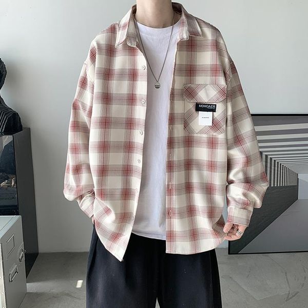 

men's casual shirts japanese style loose fashion oversize plaid long sleeve streetwear chemise homme clothing db60sh, White;black
