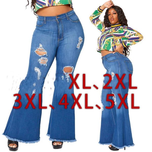 

plus size xl~5xl flared pants women denim boyfriend jeans femme for ripped high waist hole trousers winter 2021 women's, Blue