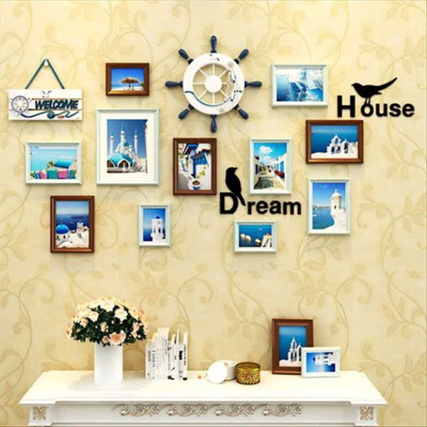

frames 15 pieces mediterranean style po wall set 3d sticker wood frame combination background hanging picture dec