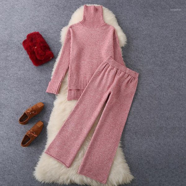 

women's tracksuits tracksuit woman spring 2021 dubai women knitted turtleneck pullovers sweater + wide leg pants set outfits 2 piece, Gray