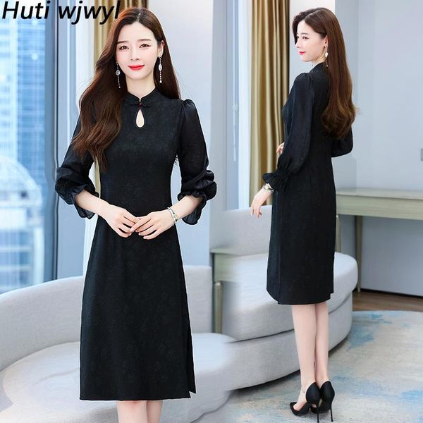

casual dresses autumn winter black jacquard cheongsam midi dress 2021 elegant bodycon ptaty vestidos women korean hepburn hollow out sexy, Black;gray