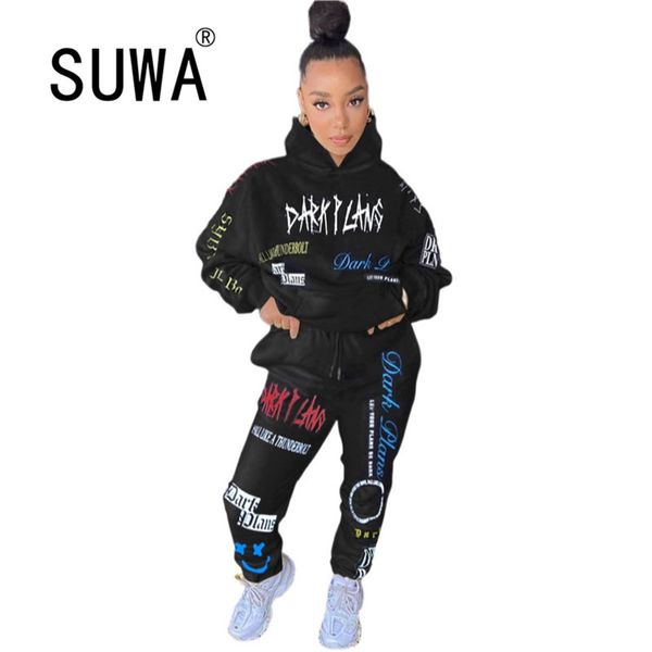 Спортивная одежда модный Chic Graffiti Custsuit женский набор толстовки Jogger брюки активный трексуит из двух частей фитнес BF стиль наряд 210525