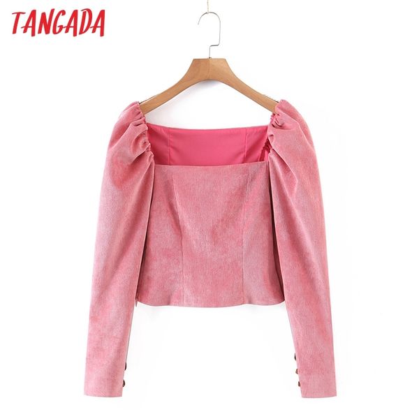 

women retro corduroy crop puff long sleeve chic female slim shirt 1j4 210416, White