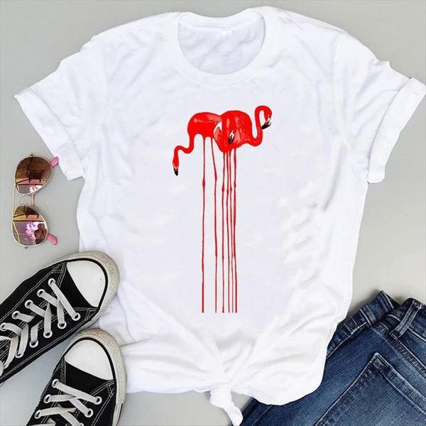 

cartoon flamingo funny beach clothing womens short sleeve graphic summer fashion print female clothes tees, White