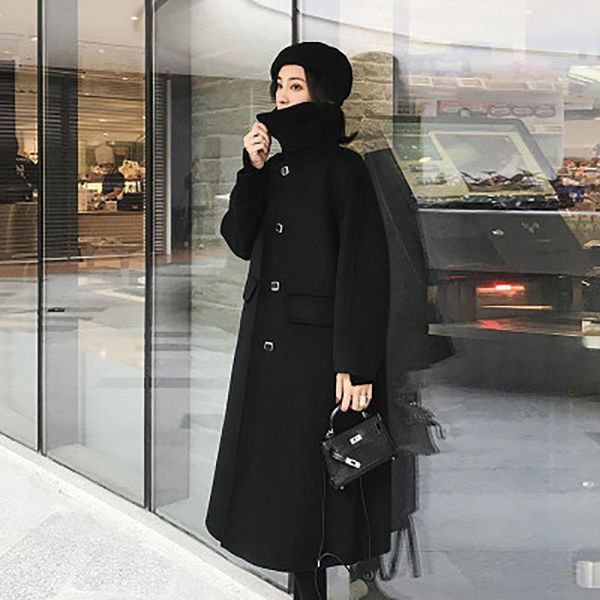 

women's wool & blends lapel solid color mid-length coat for fall/winter 2021 versatile light mature fashion with pockets rm*, Black
