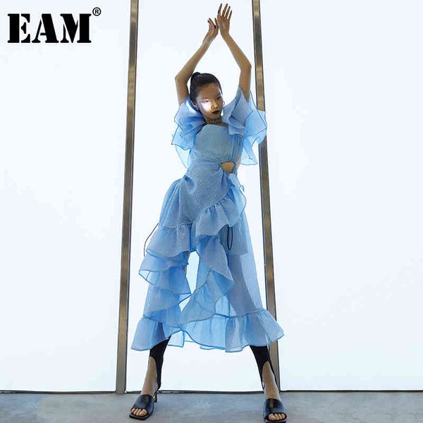 

[eam] women blue ruffles irregular hollow out longdress v-neck short sleeve loose fit fashion spring summer 1dd8652 21512, Black;gray