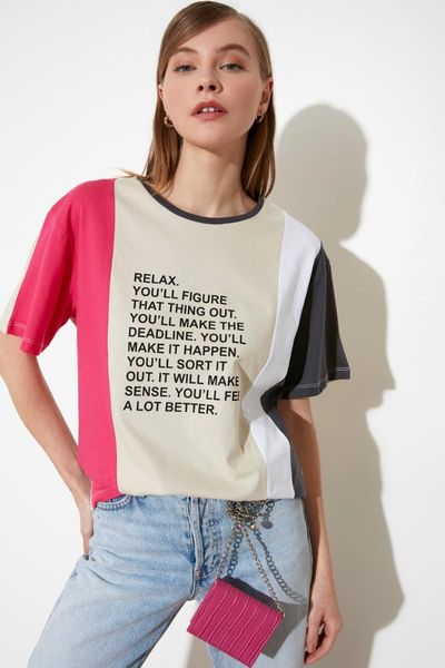 

women's t-shirt trendyol boyfriend printed knitted twoss21ts0222, White