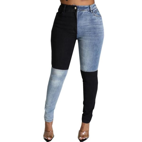 

women's jeans denim slim zipper skinny trousers pockets pencil pants high waisted stretch women patchwork, Blue