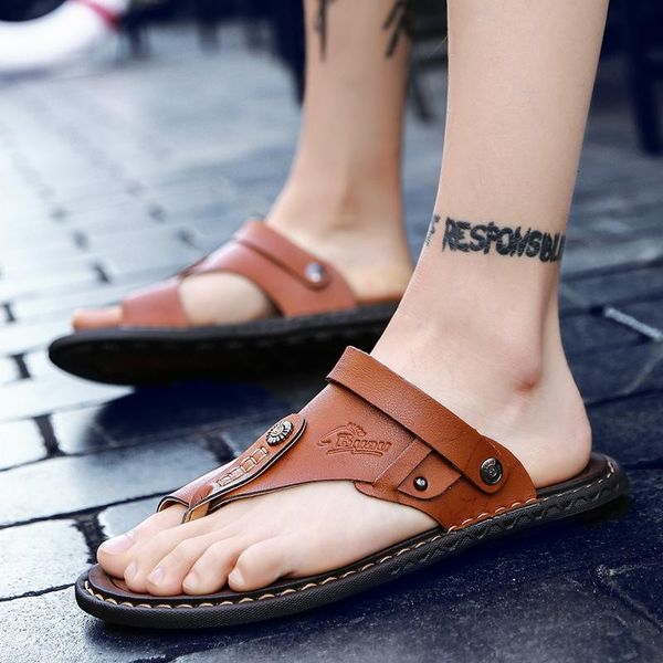 

sandals summer men's british fashion leather beach mens casual massage non-slip slippers flats men water shoes big size, Black