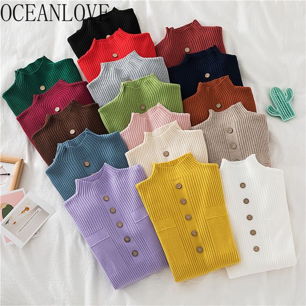 

buttons women pullovers solid half turtleneck autumn winter sweaters all match slim mujer sueter 17 color 17593 210415, White;black