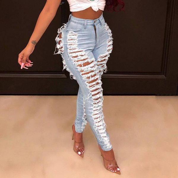 

women's jeans light blue ripped for women 2021 street style mid rise distressed trouser stretch skinny hole denim pencil pants