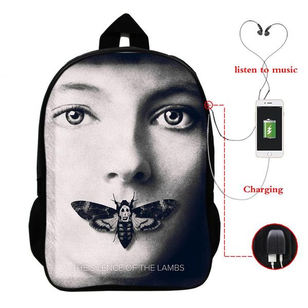 

backpack the silence of lambs 16 inches with usb portable charging port for adults boys and girls travel schoolbag