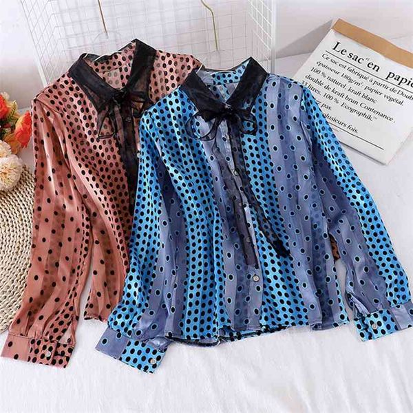 

early autumn western style niche thinner bowknot design polka dot chiffon shirt women long sleeve gx1139 210507, White