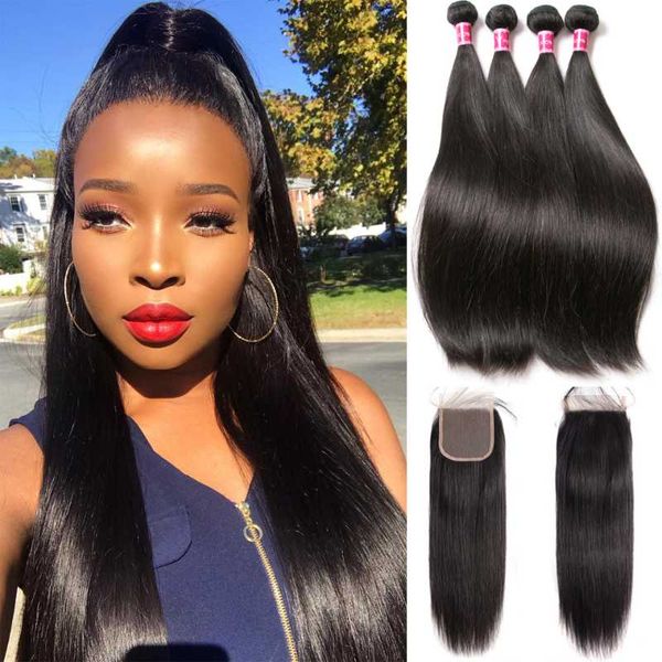 

human hair bulks yisea bundles with closure brazilian straight 3 100%, Black