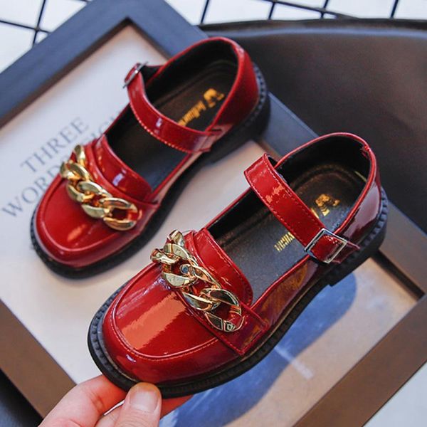 

flat shoes 2021 autumn children' footwear kids leather princess toddler chain casual party school baby for girls, Black;grey