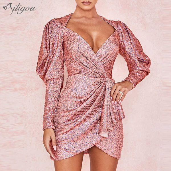 Yaz Kadın Elbise Seksi V Yaka Sequins Kabarcık Uzun Kollu Sıkı Mini Vestidos Kulübü Parti 210527