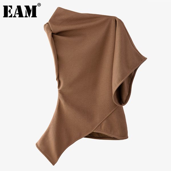 

[eam] women brown slim asymmetrical casual elegant t-shirt slash neck short sleeve fashion spring summer 1dd7699 21512, White