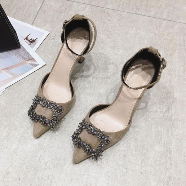 

dress shoes fashion 2021 women khaki suede pointed toe rhinestones stilleto heels pumps woman ankle strap high heel, Black