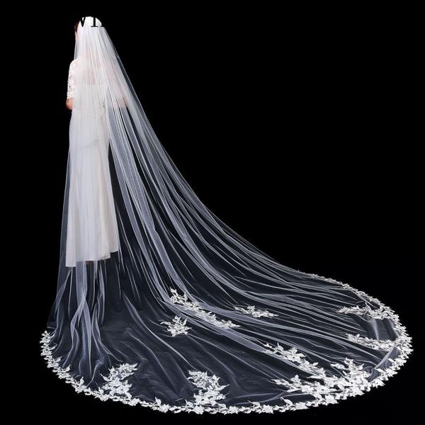 

bridal veils janevini vintage one layer cathedral ivory veil with comb lace appliques edge 3.5m long wedding accessories, Black