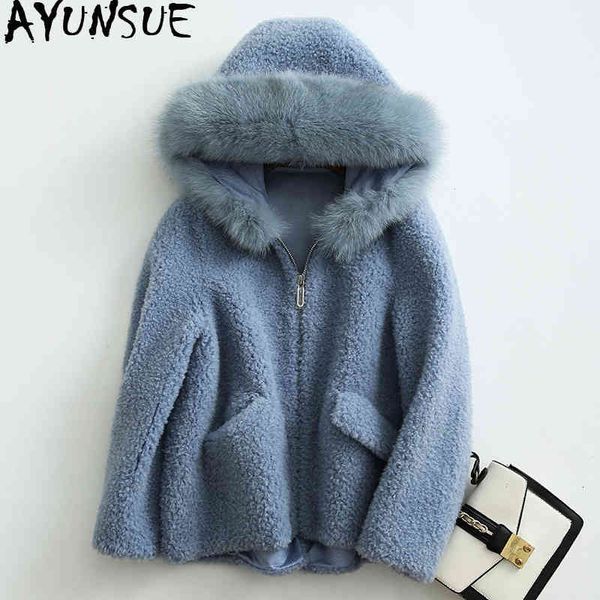 

women's fur & faux ayunsue real sheep shearling coat winter jacket women collar 100% wool coats and jackes korean 4024 6oo1, Black