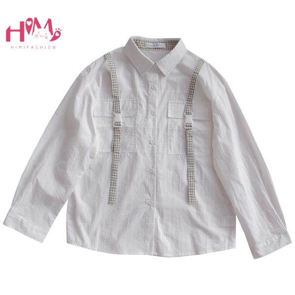 

streetwear white shirts women harajuku vintage casual button up kawaii blouse teen girls long sleeve cute plaid ribbon, White;black