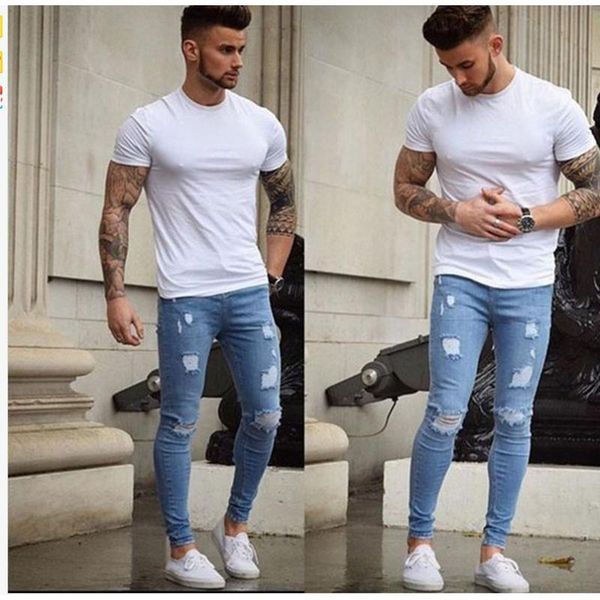 

men's jeans ripped trend hiphop streetwear quilted men denim pants regular skinny toursers 2021 autumn, Blue