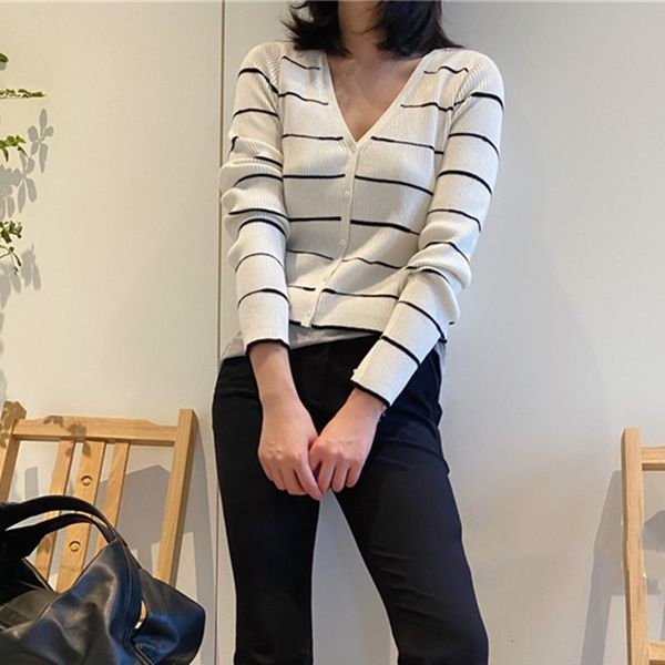 

sweaters women striped knit sweater v-neck single-breasted split long-sleeved autumn and winter short cardigan, White;black