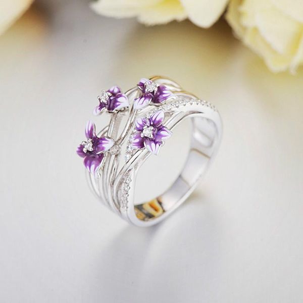 

cluster rings 2021 silver 925 ring fashion elegant enamel butterfly flower petal zircon female wedding party jewelry, Golden;silver