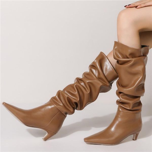 

boots pleated high heels women 2021 pointed toe autumn winter knee female night club black white party shoes