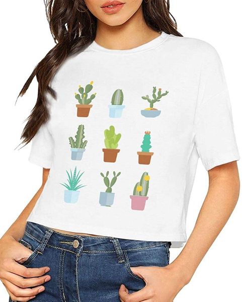 

women's t-shirt desert cactus short sleeve navel exposed t-shirts for women white