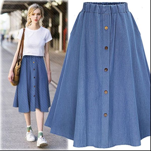 

fashion womens skirts korean preppy style denim women solid color long skirt nature waist female big hem casual button jean, Black
