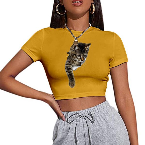 

fashion t shirt 2021 women's slim fit short sleeve open navel cat summer, White