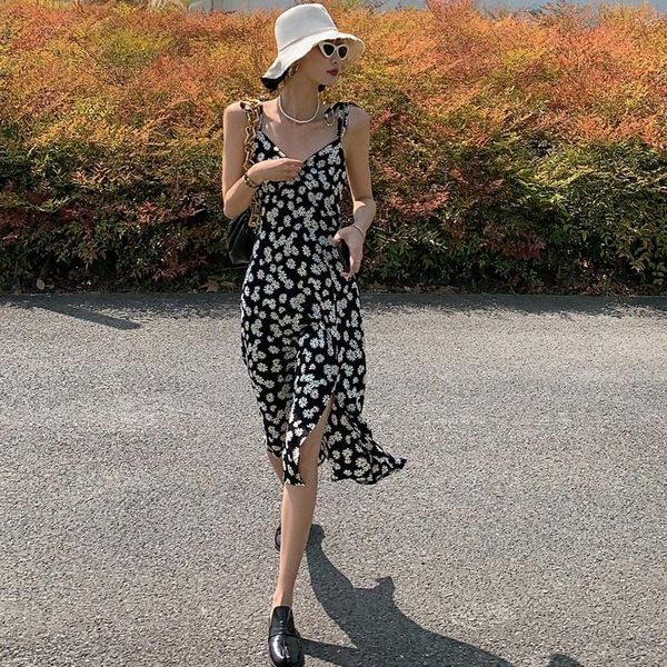 

summer dress women sleeveless dresses v-neck chiffon split sling floral mini casual, Black;gray