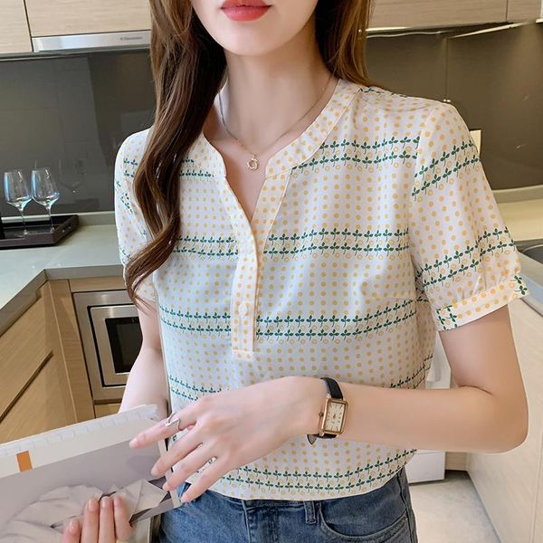 

women's polos women chiffon blouse v-neck short-sleeve puff sleeve shirt female summer fashion shirts beige polka dot, White