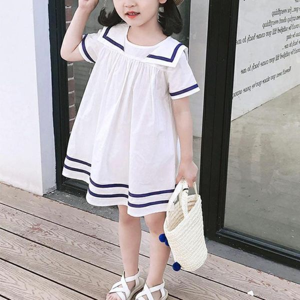 

girl's dresses summer girl dress short sleeve loose navy style girls collar white children's clothes for daily wear, Red;yellow