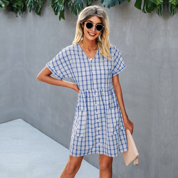 

spring summer simple plaid for women 2021 new casual sleeve high waist button pocket short dress female, Black;gray