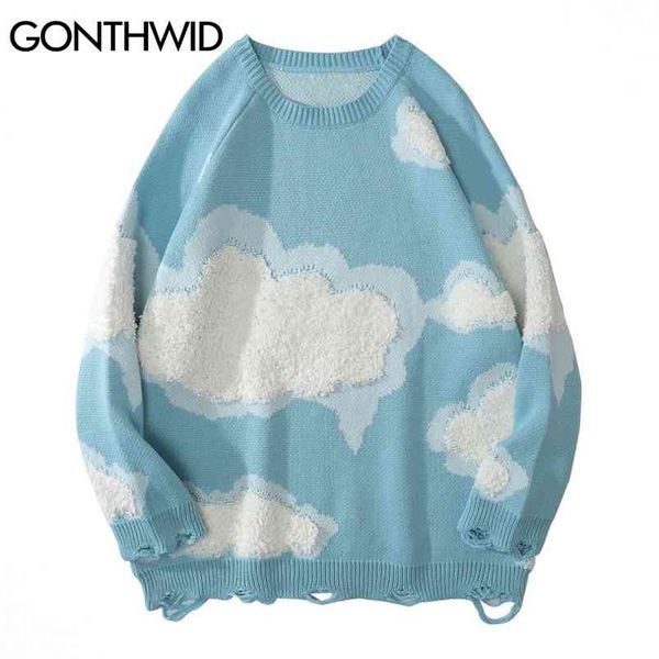 

gonthwid knitwear sweater women harajuku hip hop streetwear knitted cloud ripped holes casual kawaii loose pullover jumpers 210812, White;black