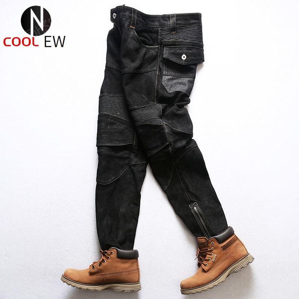 

men's pants mkl650 rock can roll genuine goat leather motorcycle rider vintage stylish durable suede trousers, Black