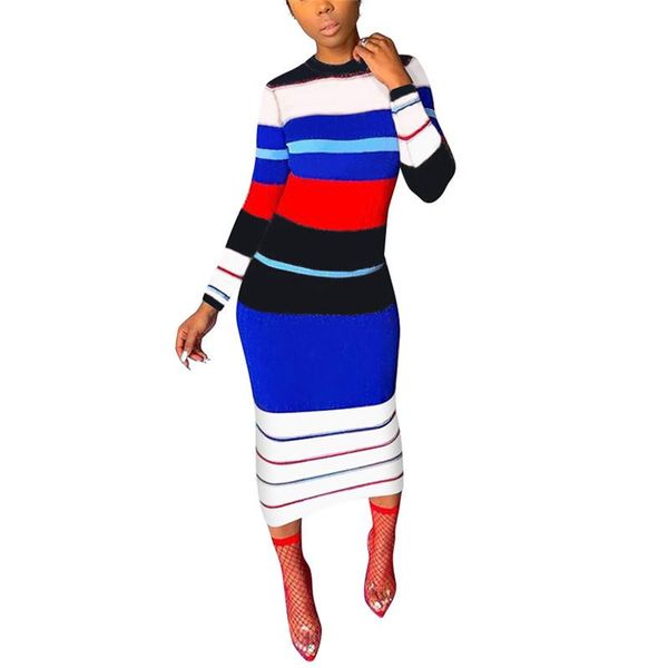 

casual dresses women fashion o neck print sheath midi dress full sleeve slim bodycon female vestidos, Black;gray