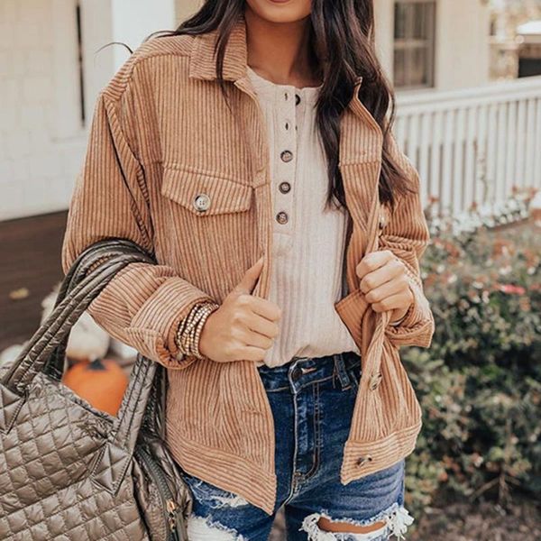 

women's jackets 2021 autumn cardigan fashion simple style long sleeve retro corduroy pocket straight jacket, Black;brown