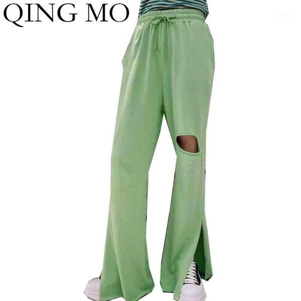 

women's pants & capris qing mo black pink gray orange green women candy color 2021 holes straight high waist full length pant zqy3617, Black;white