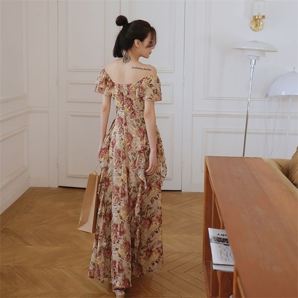

women maxi floral ruffle dress summer runway boho vintage french fairy dress honeymoon vacation party night dress long, Black;gray