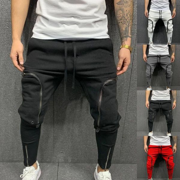

men's pants fashion joggers men mid-waist drawstring sweatpants men's casual streetwear zipper pocket trousers male, Black