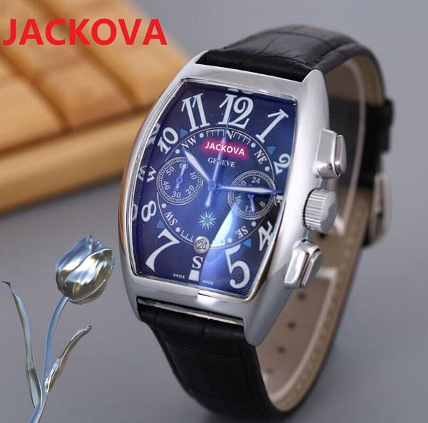 Forma Oval Genuine Leather Men Relógios Subdials Trabalho de Quartzo Movimento Brown Brown Black Leather Watch Auto Data Analógico Atmosfera Clássico