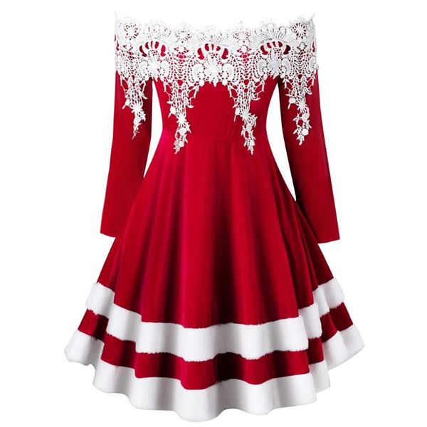 

slash neck dresses womens plus size off the shoulder lace applique velvet christmas dress woman a line pleated vestidos casual, Black;gray