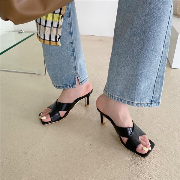 

women sandals slides clip toe cross strap slippers open hollow thin high heels pumps shoes s party mules, Black